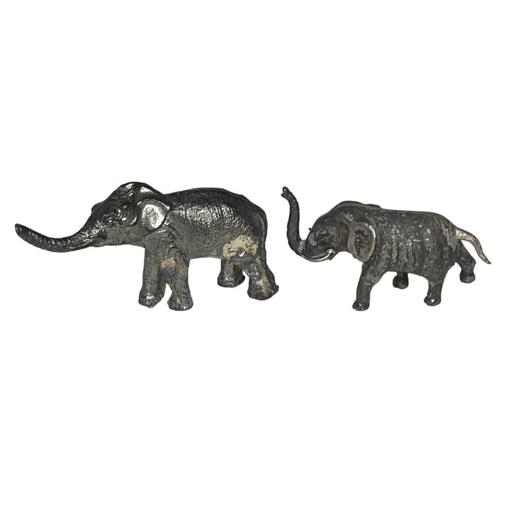 Vintage Pair Cast Metal Elephant Figurines Trunks Up Good Luck Elephant